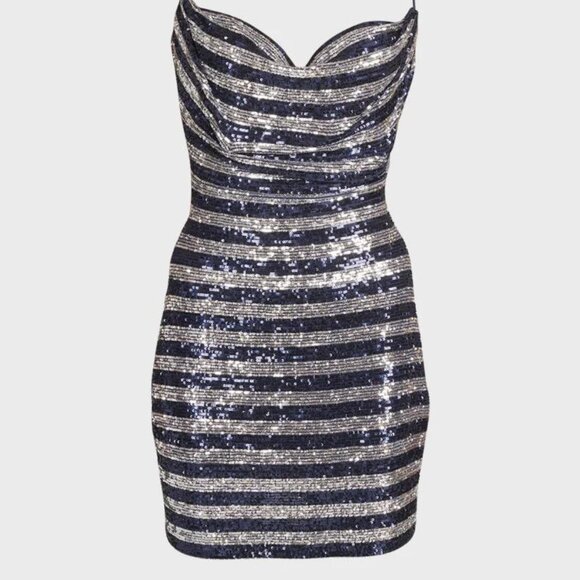 Balmain Sequined Striped Mini Dress | Navy /Silver | NWT | Size EU 42 (US 10-12) - Picture 3 of 7